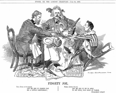 Coalition Government. Duke of Devonshire and Arthur Balfour trying to control Joseph Chamberlain, leader of junior party in coalition. In September 1903 he resigned to be free to advocate his Tariff Reforms. Cartoon by Edward Linley Sambourne by Edward Linley Sambourne