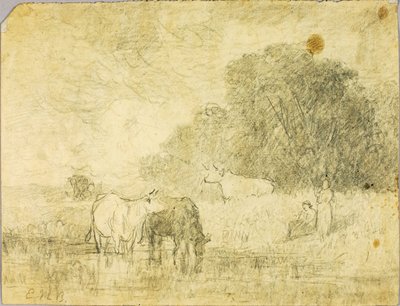 Landscape with Cows at Pond, Two Figures by Edward Mitchell Bannister