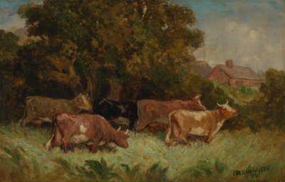 Untitled (five cows in pasture, rooftop in background) by Edward Mitchell Bannister
