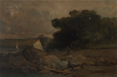 Untitled (landscape with rocks, man and sailboats) by Edward Mitchell Bannister