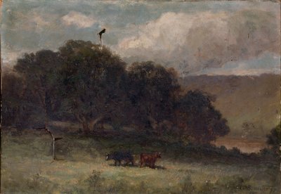 Untitled (landscape with trees and two cows in meadow) by Edward Mitchell Bannister
