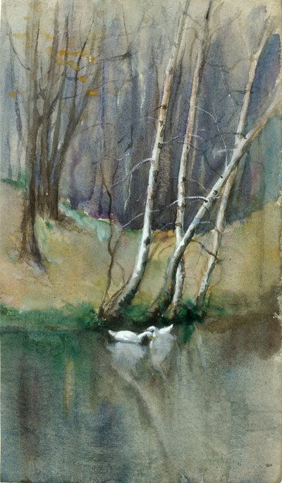 Untitled Wood Scene with Birch Trees and Ducks by Edward Mitchell Bannister