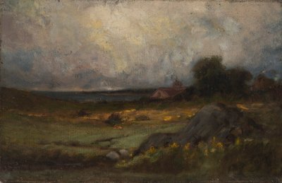 Untitled Landscape with Rock in Foreground and Roof with Steeple, Lake in Background by Edward Mitchell Bannister