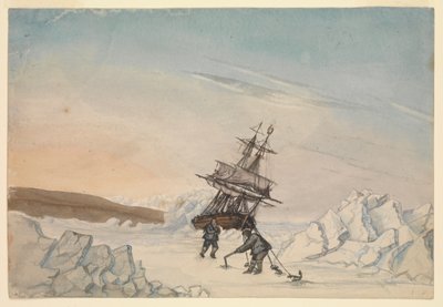 A ship stuck in the ice with two members of crew fixing the ship into ice with four fastenings by Edward Newell Harrison