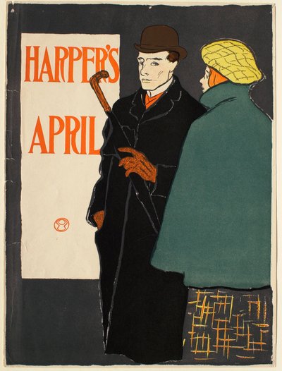 Man in Black Coat with Woman in Green Cape by Edward Penfield