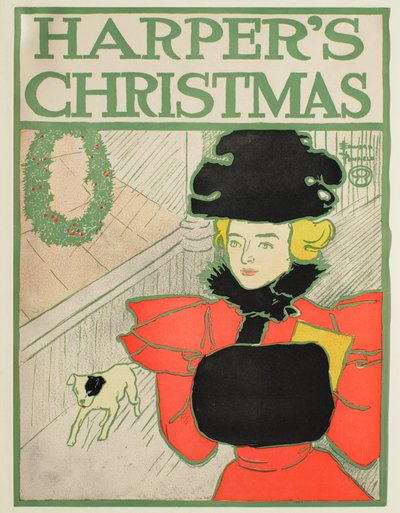 Woman with a Muff Walking with a Small Dog, Christmas Harper