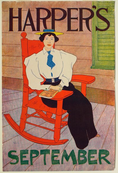 Young Woman Seated in Red Rocking Chair, September Harper