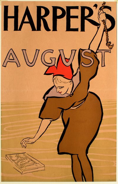 Young Woman in Brown Bathing Dress Reaching for a Copy of Harper