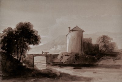 Landscape with Man and Cow on a Bridge by Edward Pretty