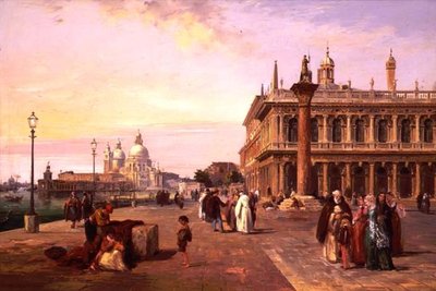Figures on the Piazzetta, Venice with, Salute Beyond by Edward Pritchett