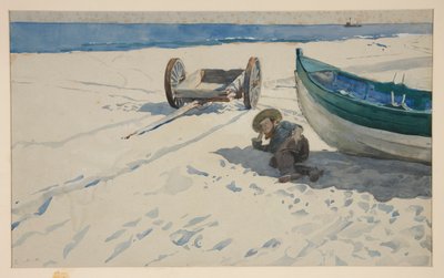 Beach Scene with Man Resting in Shadow of Boat by Edwin Austin Abbey
