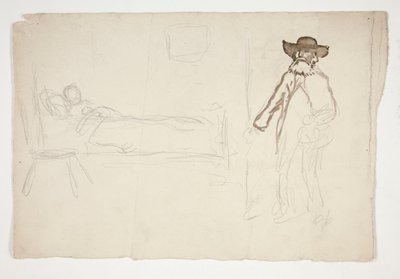 Figure in bed, man entering room - unidentified illustration by Edwin Austin Abbey