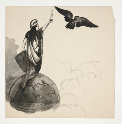 Figure of Liberty Standing on Globe with Eagle (recto); Conestoga Wagon in Landscape (verso) by Edwin Austin Abbey