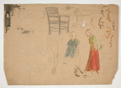 Head and Figure Studies, and Study of a Chair (recto); Sketches for Book Illustrations (verso) by Edwin Austin Abbey