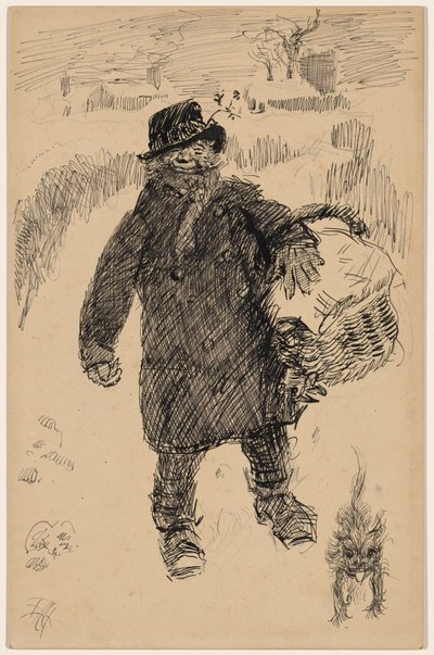 Man Walking in the Snow Carrying a Covered Basket, Accompanied by a Small Terrier by Edwin Austin Abbey