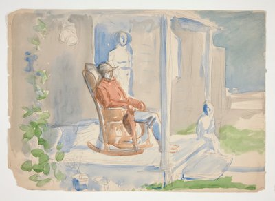 Man in rocking chair on front porch with his wife and child - unidentified illustration by Edwin Austin Abbey