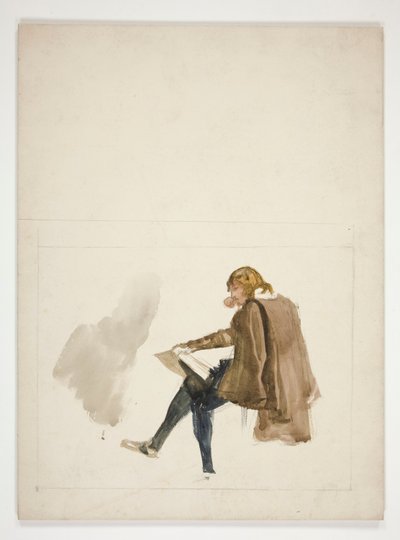 Seated Young Man in Brown Cloak, Reading - Unidentified Illustration by Edwin Austin Abbey