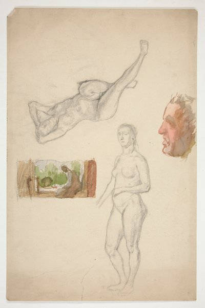 Sheet of Sketches: Two Nude Females, Profile of a Man, Figure Seated in an Interior by Edwin Austin Abbey