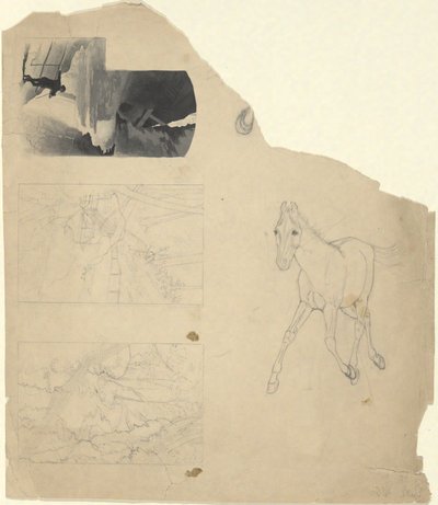 Sheet of studies, three of a waterfall, one of a colt by Edwin Austin Abbey