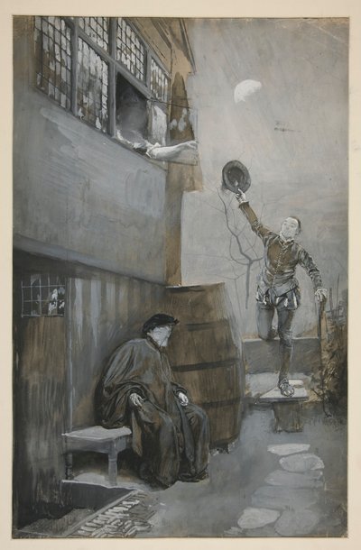 Sketch for Nighttime Rendezvous - 3 figures: two male, one female by Edwin Austin Abbey