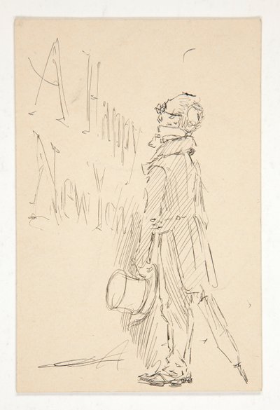 Sketch for a Greeting Card: A Happy New Year; Study of a Man Reading a Sign by Edwin Austin Abbey