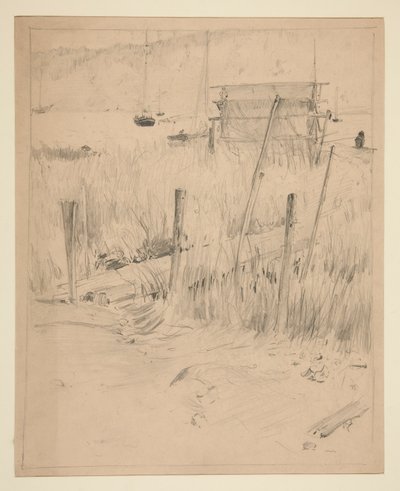 Sketch of an old dock, with weeds growing up around it by Edwin Austin Abbey