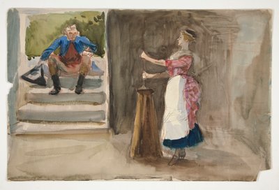 Woman Churning Butter, Man in Revolutionary Dress Watching by Edwin Austin Abbey