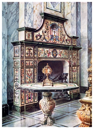 Chimneypiece and table in coloured Florentine mosaic by Edwin Foley