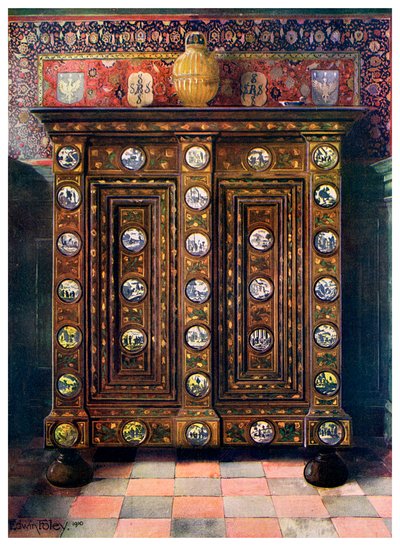 Walnut Kas Inlaid and with Painted Medallions of Delft Ware by Edwin Foley