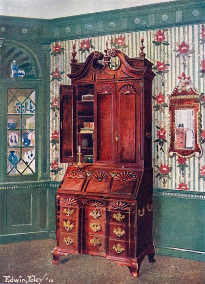 Mahogany Cabinet-Topped Block-Front Scrutoir. Mahogany and Gilt Constitution Mirror by Edwin John Foley