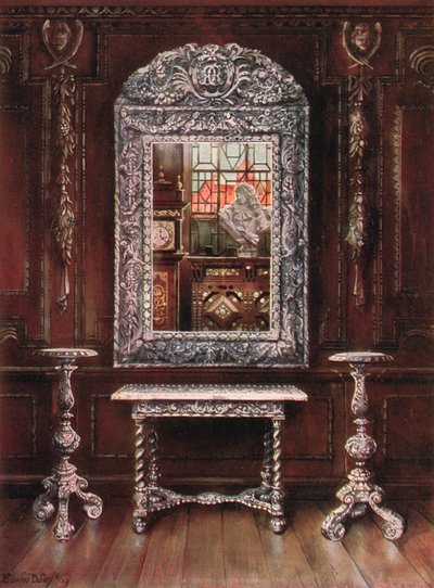Mirror, Gueridons, and Table Overlaid with Silver Plaques by Edwin John Foley