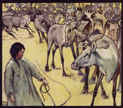 A Lapp Girl with Herd of Reindeer by Edwin Noble