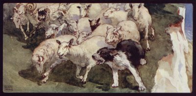 Bobtailed Sheep-Dog and Flock on the Cliffs by Edwin Noble