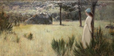 The Young Shepherdess and Her Goat in a Springtime Pasture by Edwin Sherwood Calvert