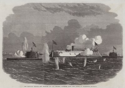 The Iron-Clad Frigate New Ironsides and Two Ericsson Batteries going into Action at Charleston by Edwin Weedon