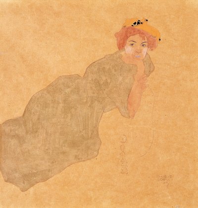 Girl in Olive Coloured Dress with Propped Arm by Egon Schiele