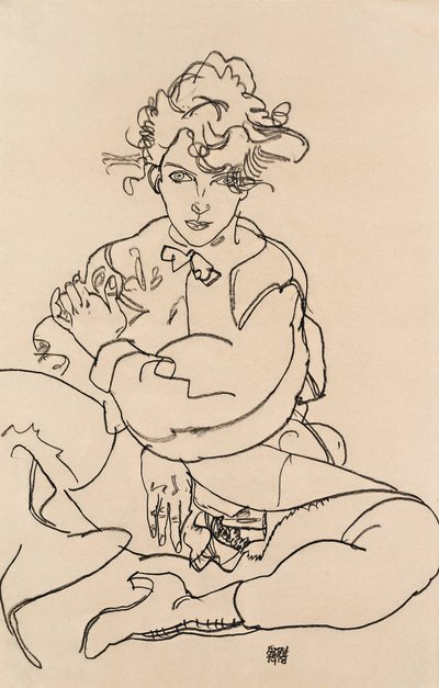 Girl sitting with spread legs, 1918 by Egon Schiele