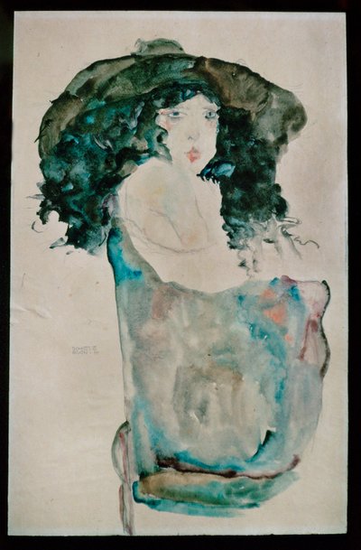 Girl with Blue-Black Hair and Hat by Egon Schiele