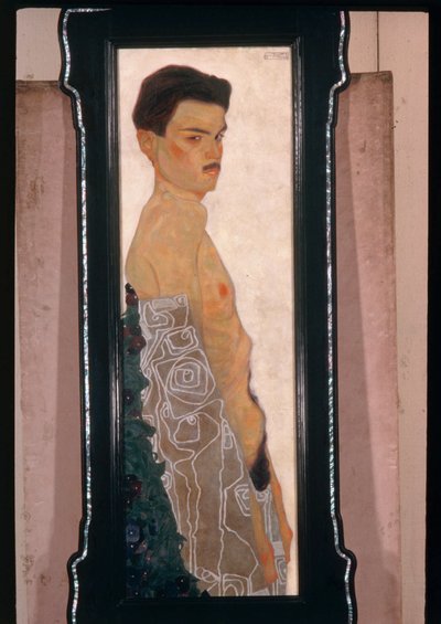 Nude Self-Portrait with Ornamental Drapery by Egon Schiele