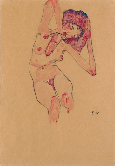Seated Female Nude with Bowed Head and Raised Arms by Egon Schiele