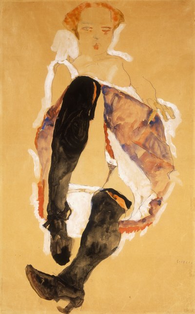 Seated Woman with Black Stockings by Egon Schiele