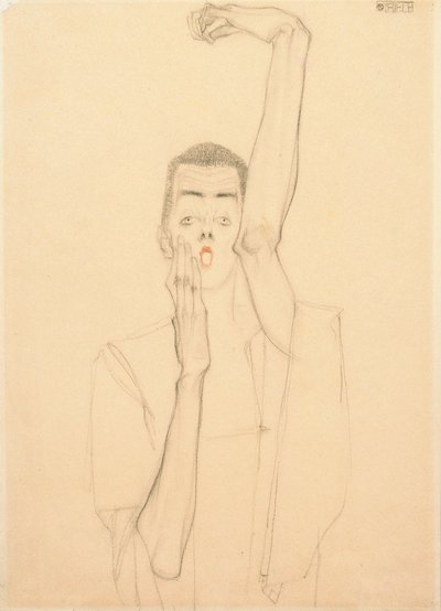 Self Portrait with a Raised Arm and Red Mouth by Egon Schiele