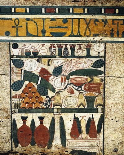 Plastered, painted wood panel detail with heap of funerary offerings, from Sarcophagus of Ibi by Egyptian 17th Dynasty