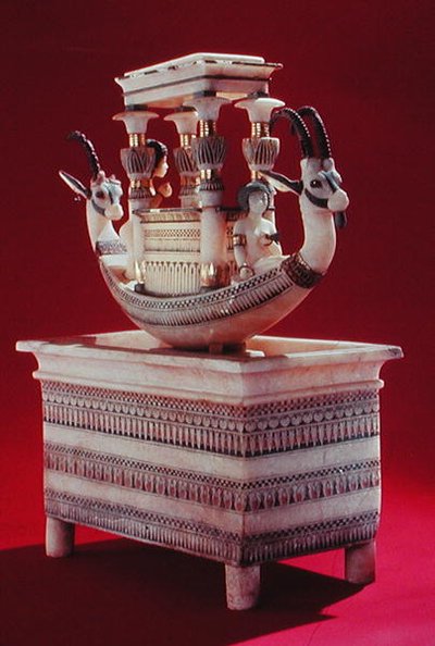 Chest with a boat decorated with two heads of a Syrian ibex and two female figures thought to be Princess Mutnedjmet, from the tomb of Tutankhamun by Egyptian 18th Dynasty