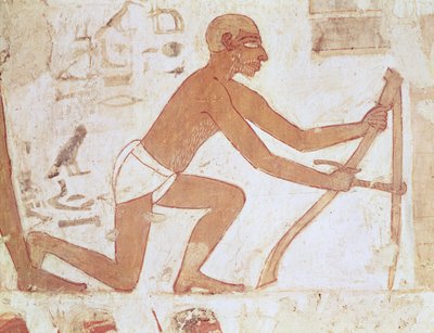 Construction of a Wall, Detail of a Man with a Hoe, from the Tomb of Rekhmire, Vizier of Tuthmosis III and Amenhotep II, New Kingdom (detail) by Egyptian 18th Dynasty