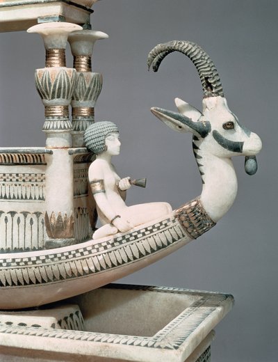 Prow of a Boat with the Head of a Syrian Ibex and a Figure Thought to be Princess Mutnedjmet, from the Tomb of Tutankhamun (c.1370-52 BC) New Kingdom (detail) by Egyptian 18th Dynasty