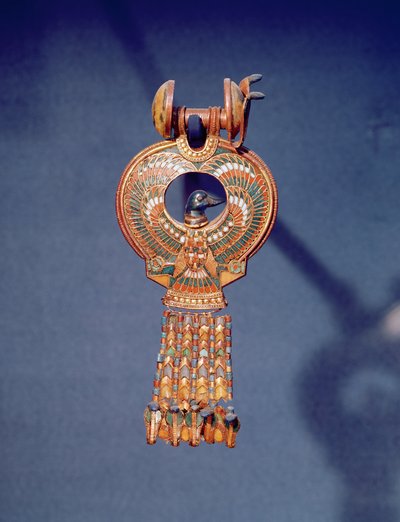 Left Earring from a Pair of Earrings with a Bluebird, from the Tomb of Tutankhamun, Valley of the Kings, Thebes, c.1347-37 BC by Egyptian 18th Dynasty