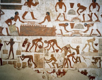 Metal processing and brick making (detail) by Egyptian 18th Dynasty
