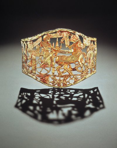 Openwork plaque or buckle showing the kings triumphal return with prisoners, from the Tomb of Tutankhamun, New Kingdom by Egyptian 18th Dynasty
