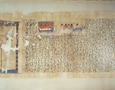 Papyrus Depicting Transportation of Sarcophagus on Carriage Pulled by Ox, from Book of the Dead of Maiherperi by Egyptian 18th Dynasty